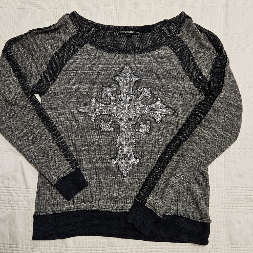 Miss Me Gray and Black Long Sleeve Sweater with Rhinestone Cross, Size Small